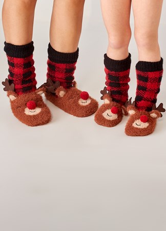 Mom and Kid Festive Lined Socks, Reindeer