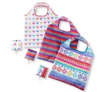 Foldable Shopping Tote Bag w/Pouch, 3 Asst. w/Displayer