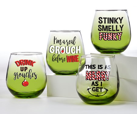 Grouch Stemless Wine Glass w/Sentiment, Set of 4