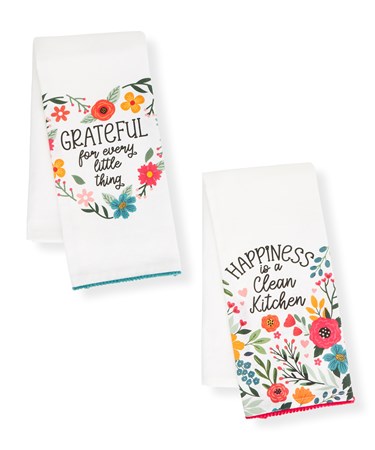 Floral Tea Towels w/Sentiment, 2 Asst.